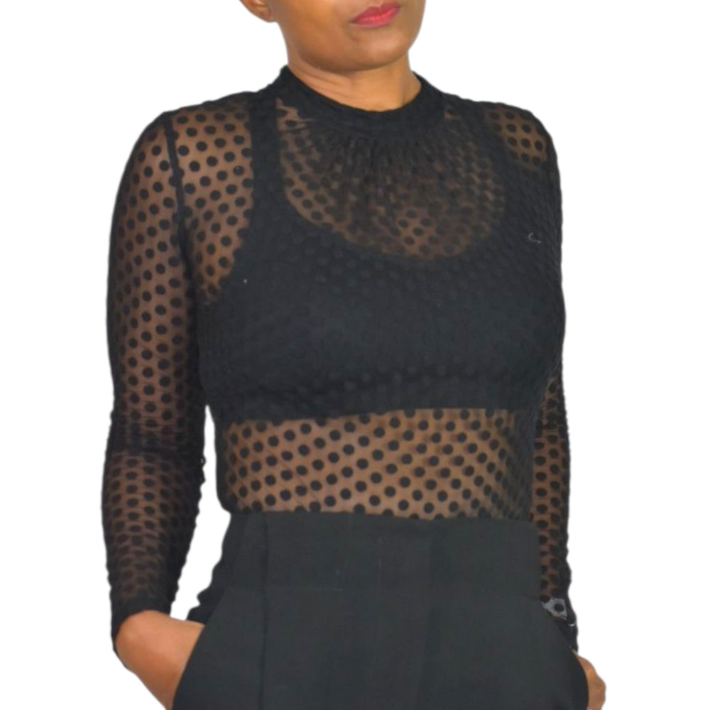 Windsor Sheer Bodysuit Black Flocked Polka Dot Mock Mesh Neck Long Sleeves Small